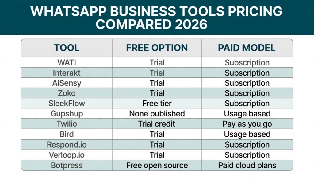 WhatsApp Business tools pricing compared, free options and paid models for 2026