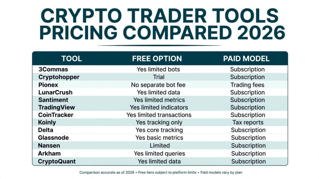 Crypto trader tools pricing compared, free options and paid models for 2026
