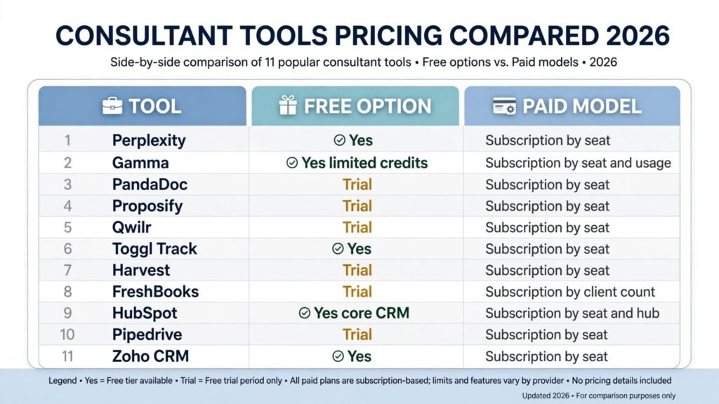 Consultant tools pricing compared, free options and paid models for 2026