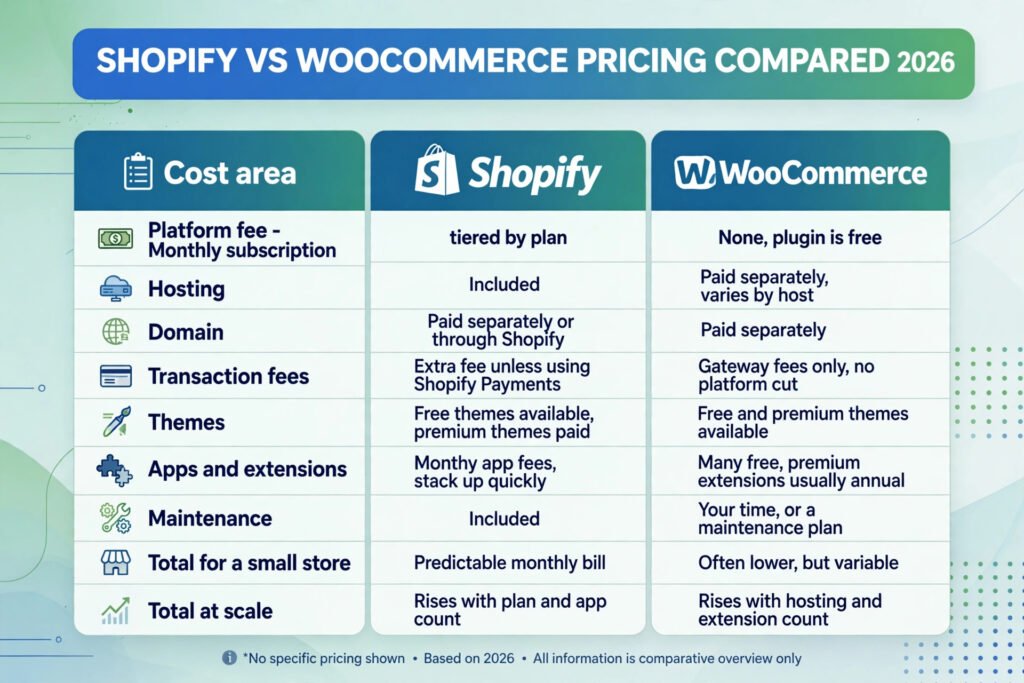 Shopify vs WooCommerce pricing compared for 2026