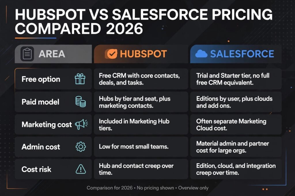 HubSpot vs Salesforce pricing compared for 2026