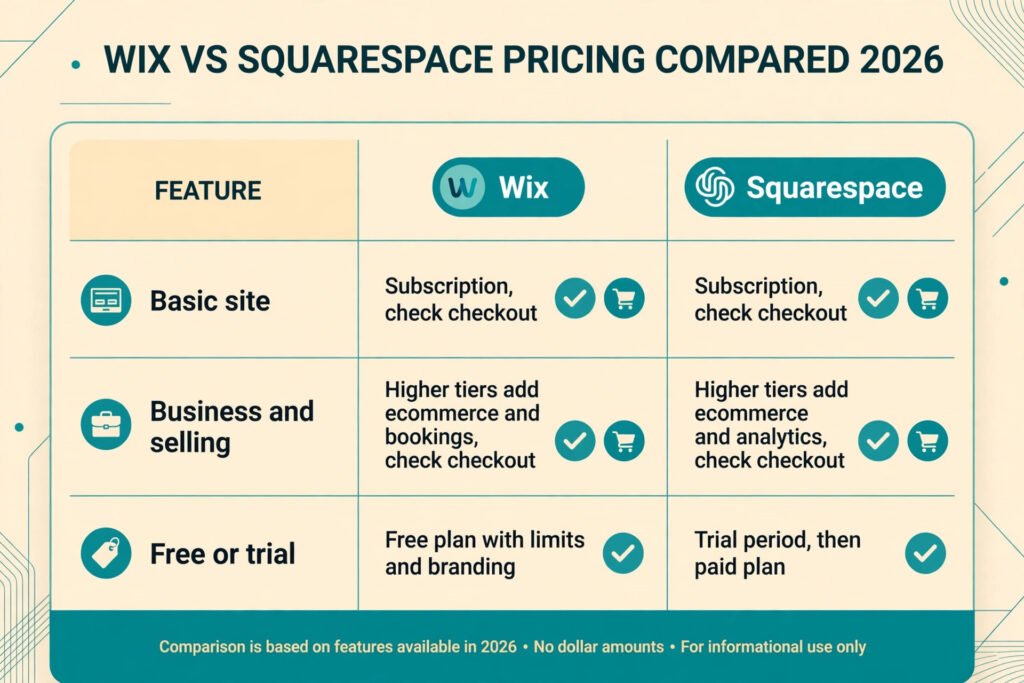 Wix vs Squarespace pricing compared for 2026
