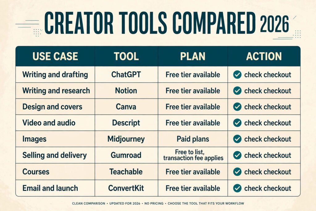 AI creator tools compared by stage and pricing.
