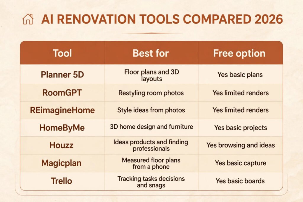 AI renovation tools compared, best tool for design, layout, and tracking
