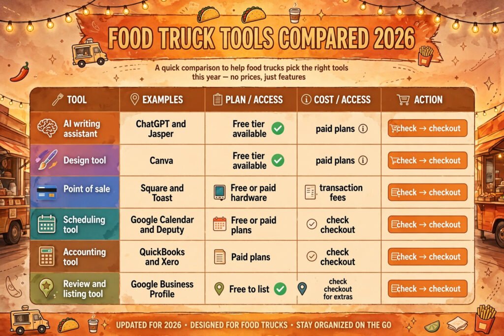 Food truck tools compared, writing, design, payments, scheduling and accounting