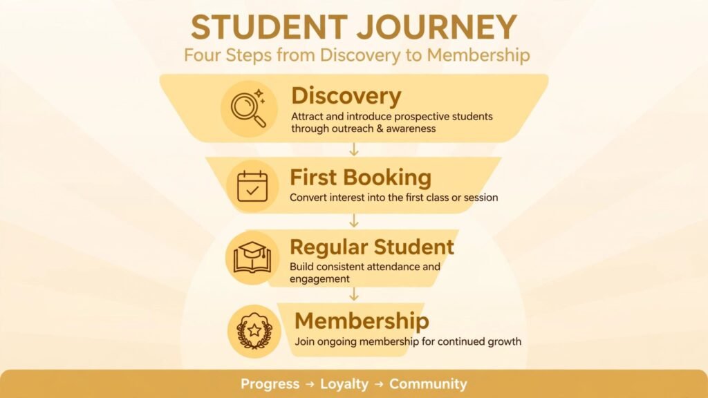 Infographic showing yoga student journey from discovery to membership