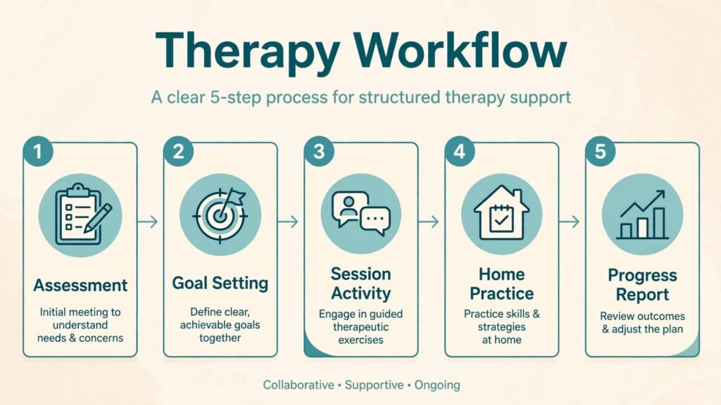 Infographic showing speech therapy workflow from assessment to progress report