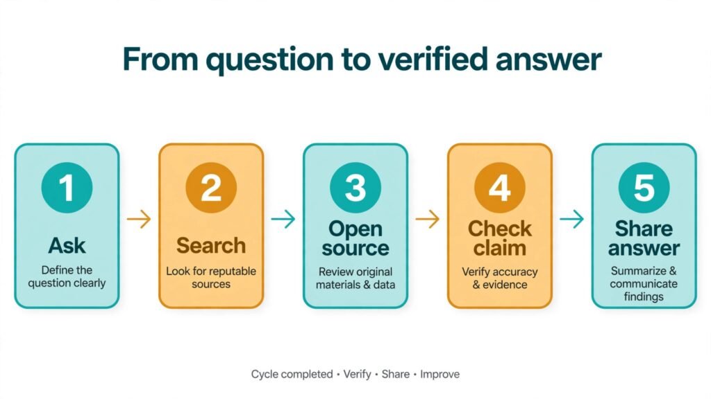 Infographic showing five steps from library question to verified answer