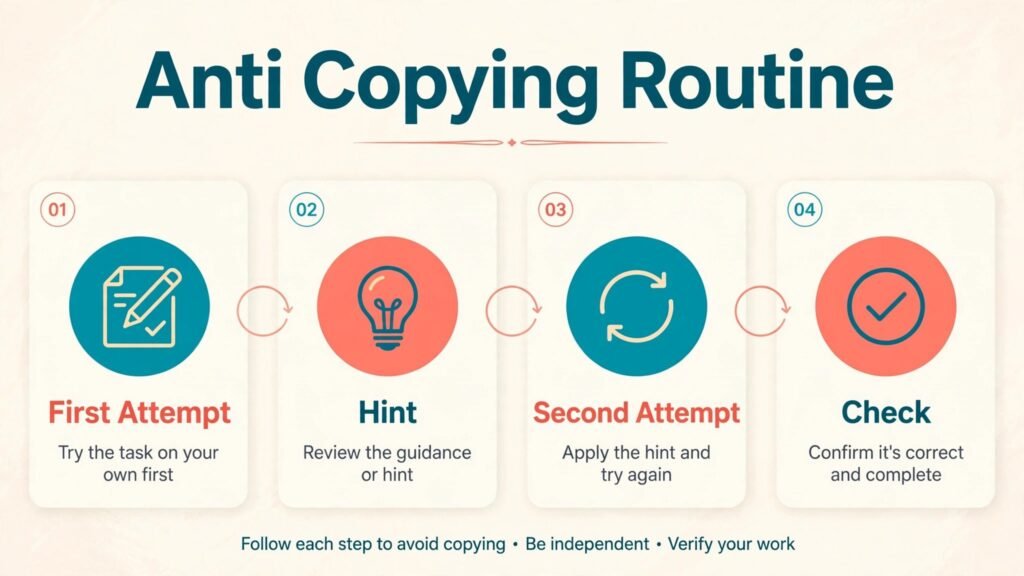 Infographic showing first attempt hint second attempt check routine for homeschool learning