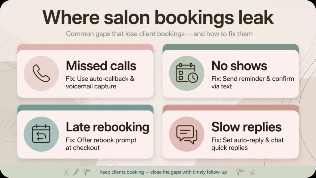 Infographic showing where nail salon bookings leak and how tools fix them