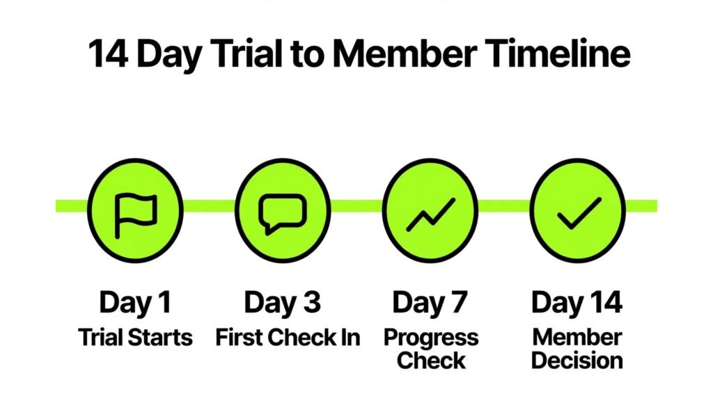 Infographic showing a 14 day gym trial to member timeline
