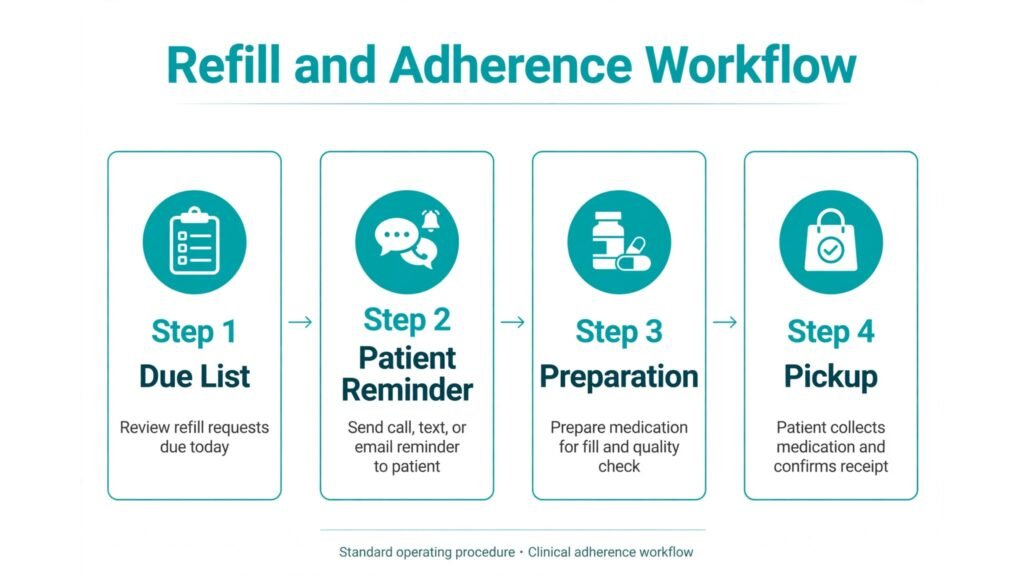 Infographic showing pharmacy refill and adherence workflow