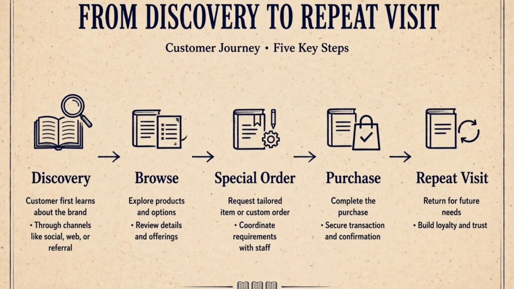 Bookstore customer journey from discovery to repeat visit diagram