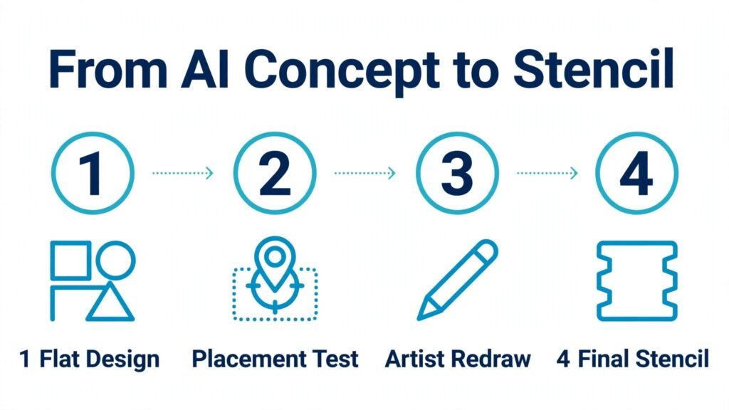 Step diagram from AI tattoo concept to artist stencil