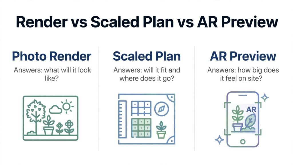 Diagram comparing garden render, scaled plan, and AR preview