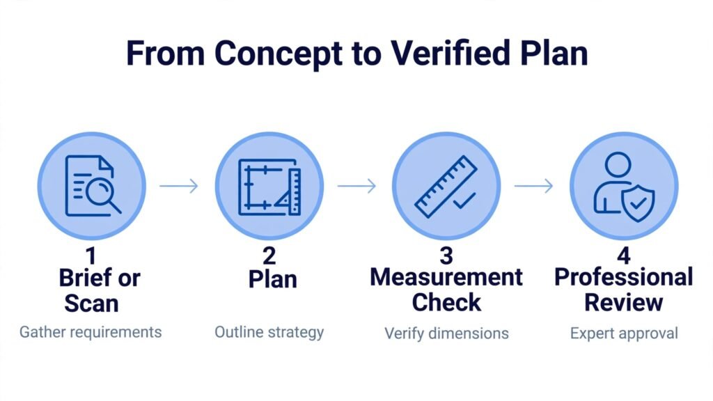 Step diagram from AI floor plan concept to verified plan