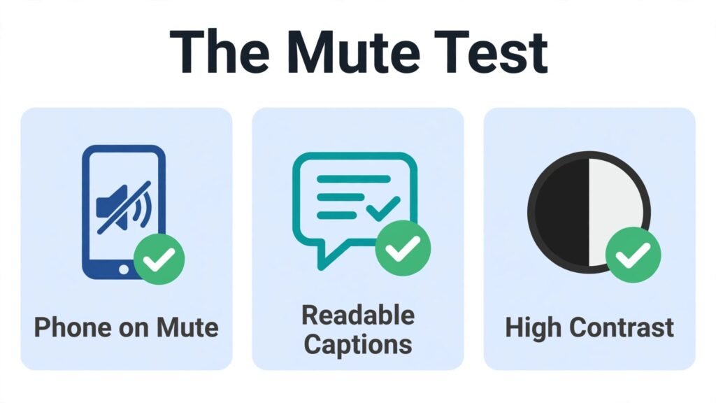 Diagram showing mute test for video captions on a phone