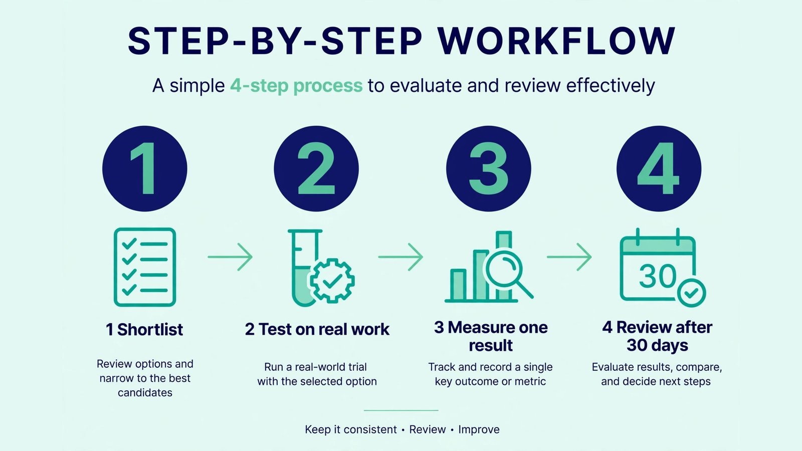 Step by step workflow diagram for testing and choosing a tool in this guide.