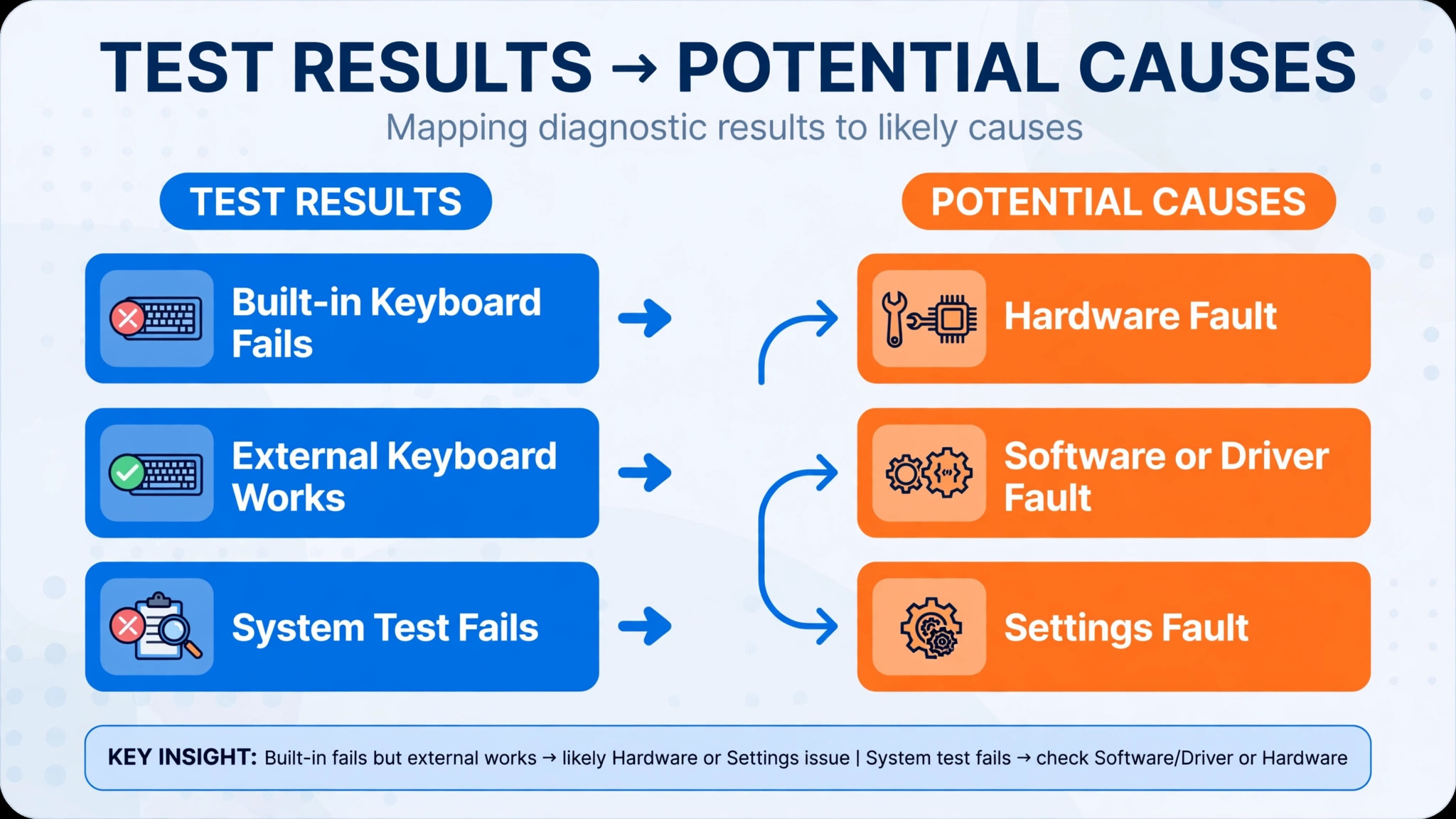 Diagram mapping built-in keyboard, external keyboard, and system test results to causes