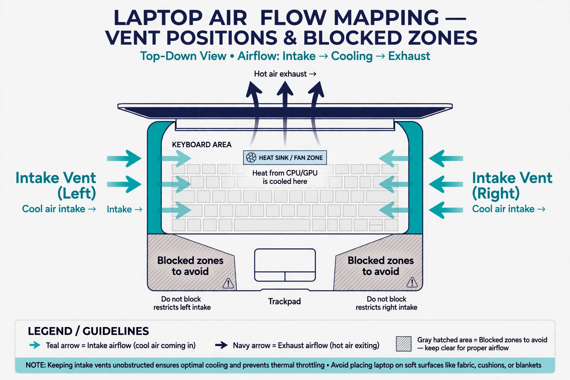 MacBook vent map showing intake exhaust and blocked zones