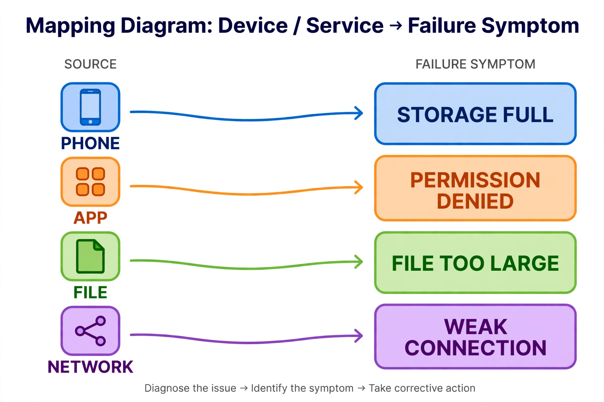 Mapping diagram of WhatsApp photo failure causes and symptoms