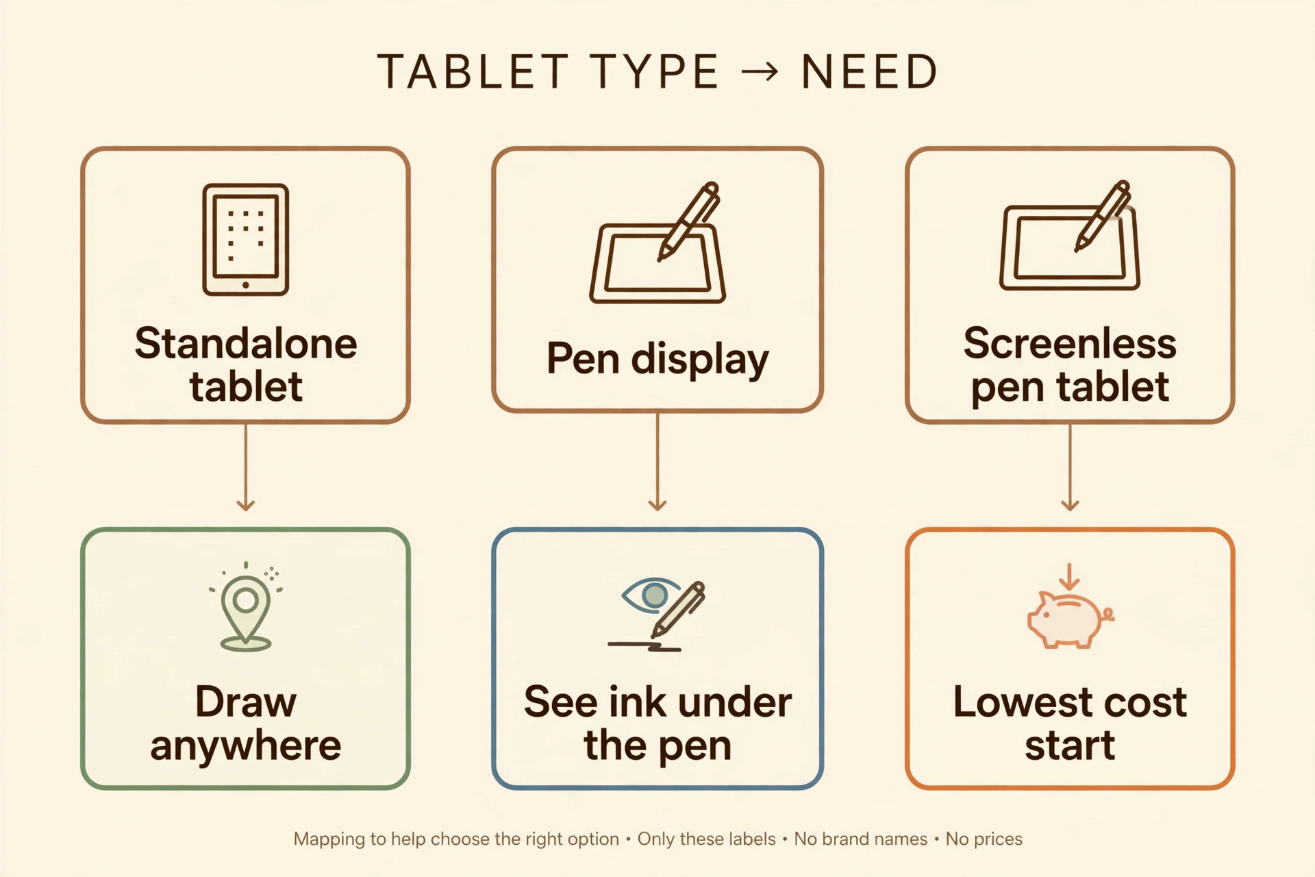 Diagram mapping pen types to beginner drawing needs across standalone tablets