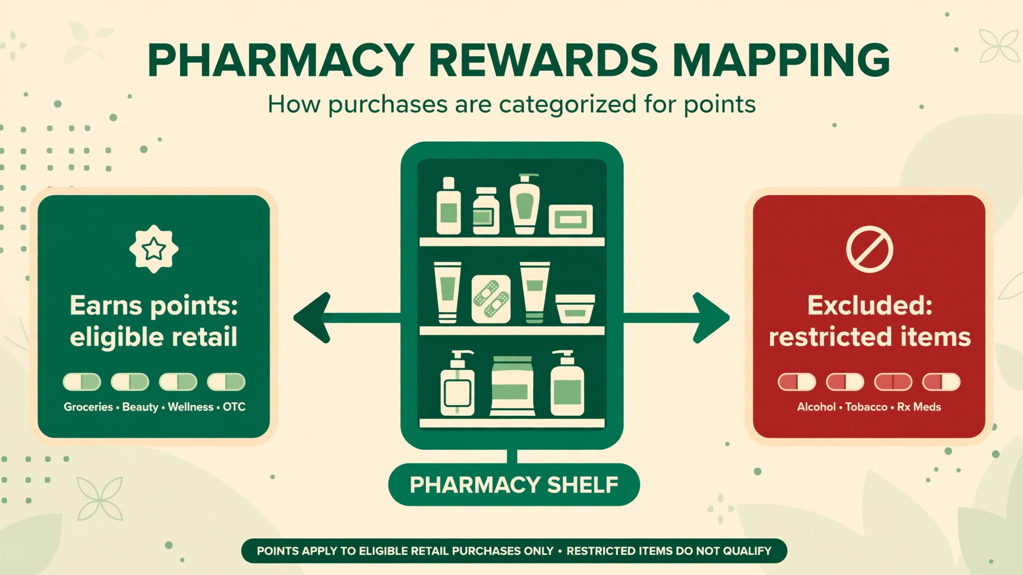 Map of eligible retail items, rewards and excluded items in a pharmacy programme