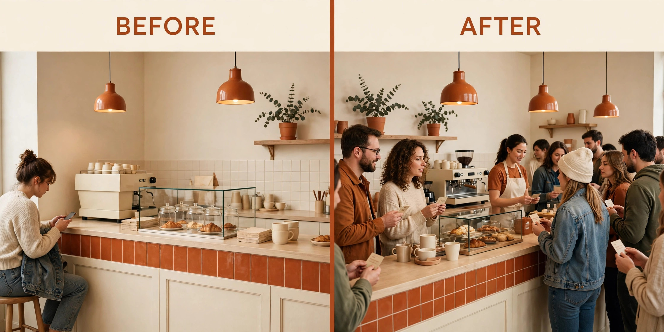 Before and after visual of a coffee shop with few regulars compared with many returning customers
