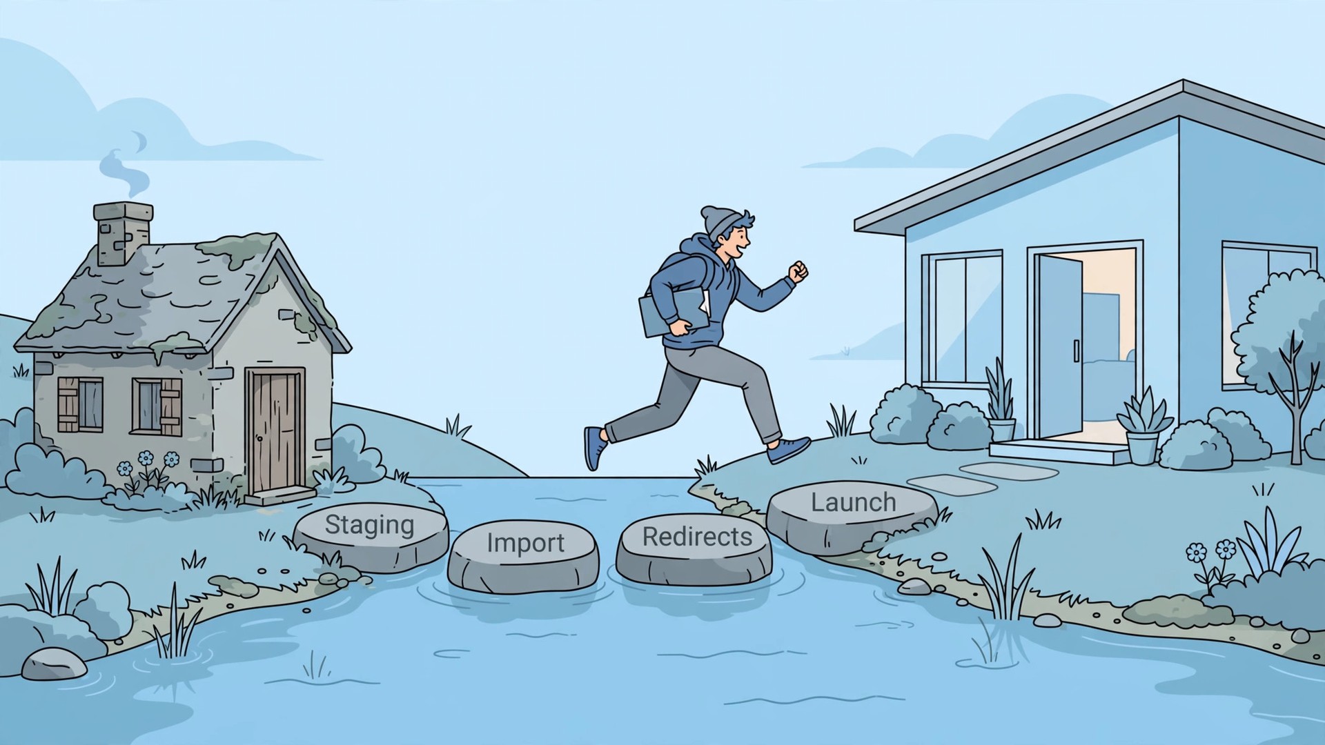 Blogger crossing a stream on stepping stones labelled Staging, Import, Redirects and Launch, from an old cottage to a bright new house
