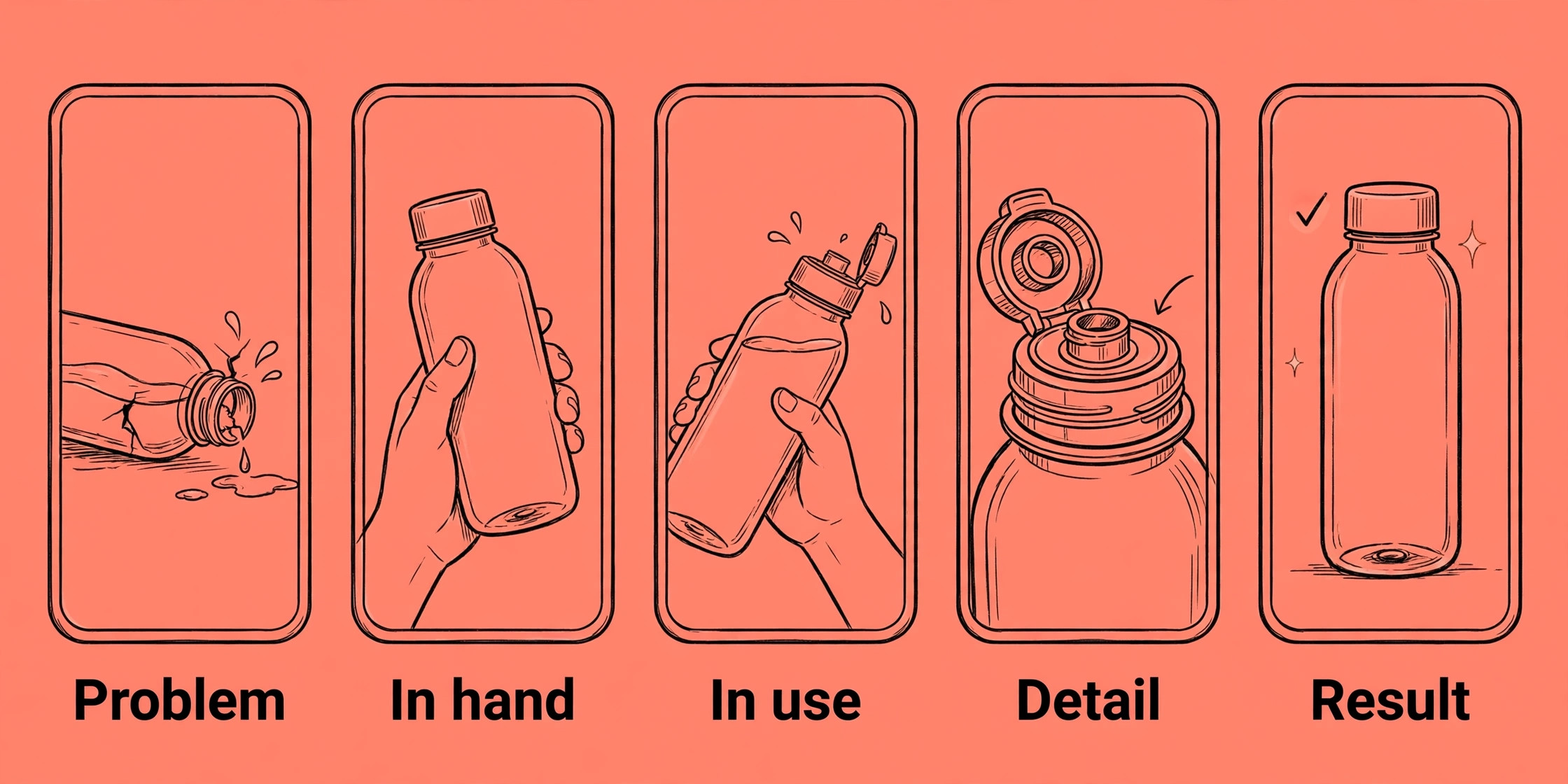 Five phone frames storyboarding a demo: problem, in hand, in use, detail, result