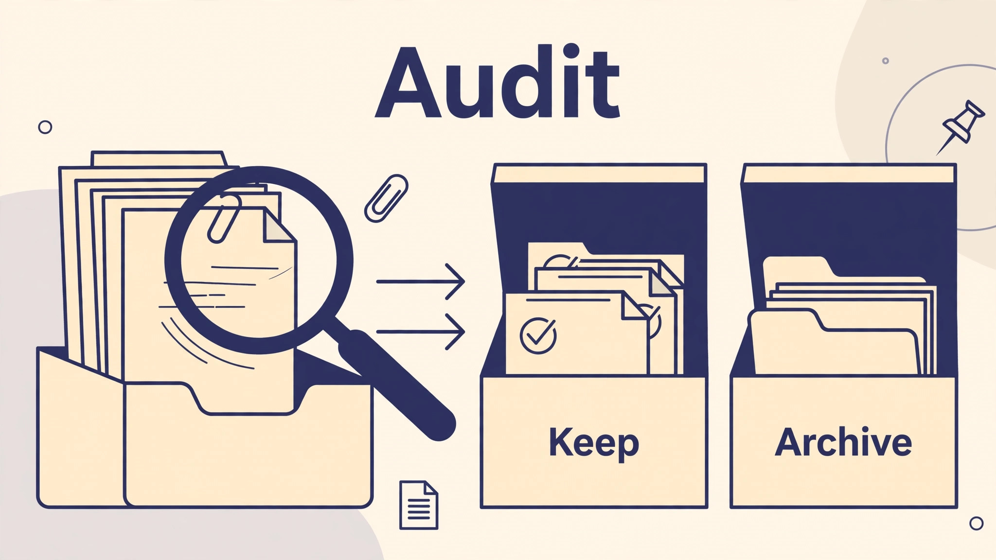 Meeting files being audited and sorted into Keep and Archive boxes