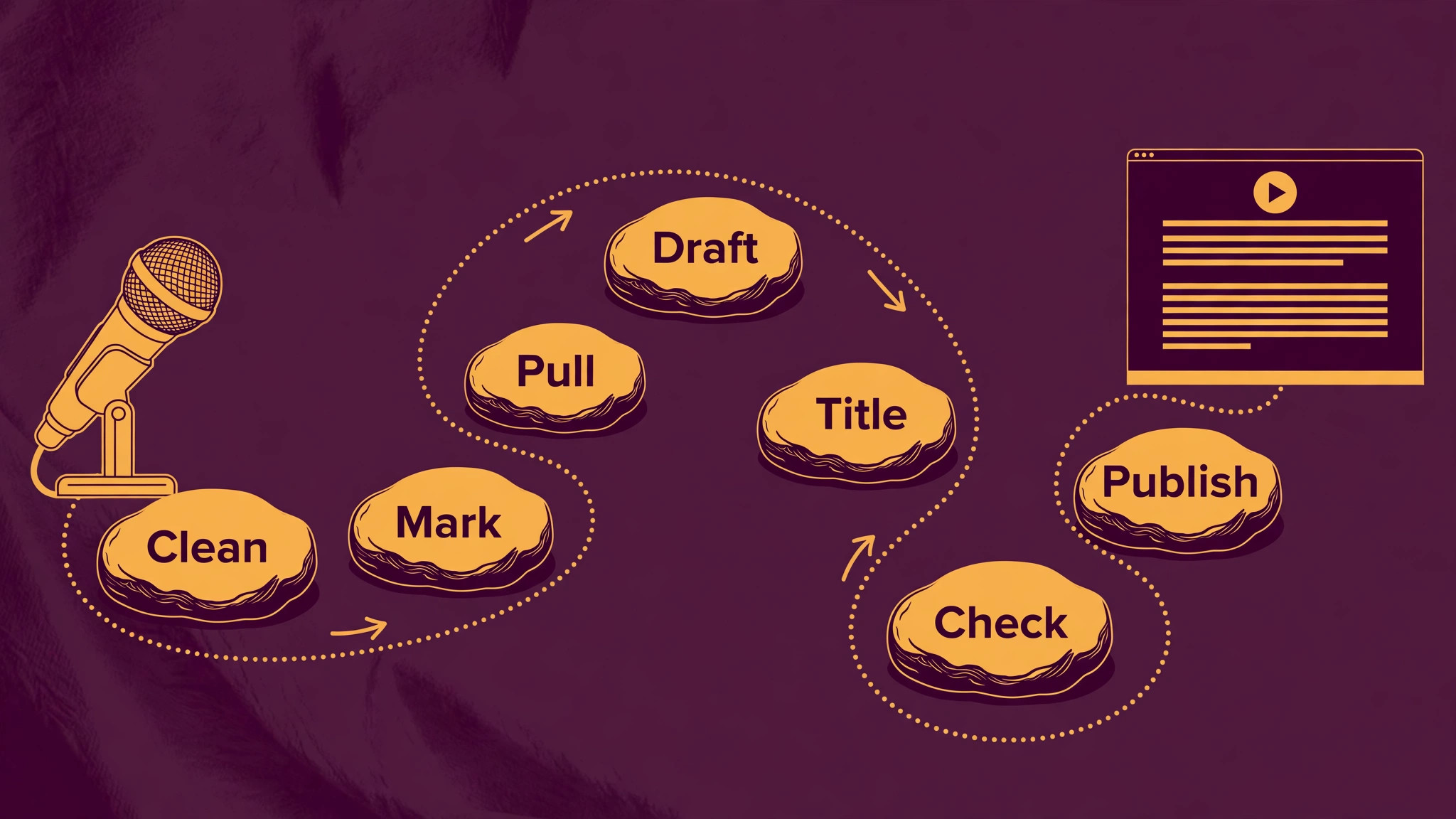 Stepping-stone path showing the show-notes workflow: clean, mark, pull, draft, title, check, publish