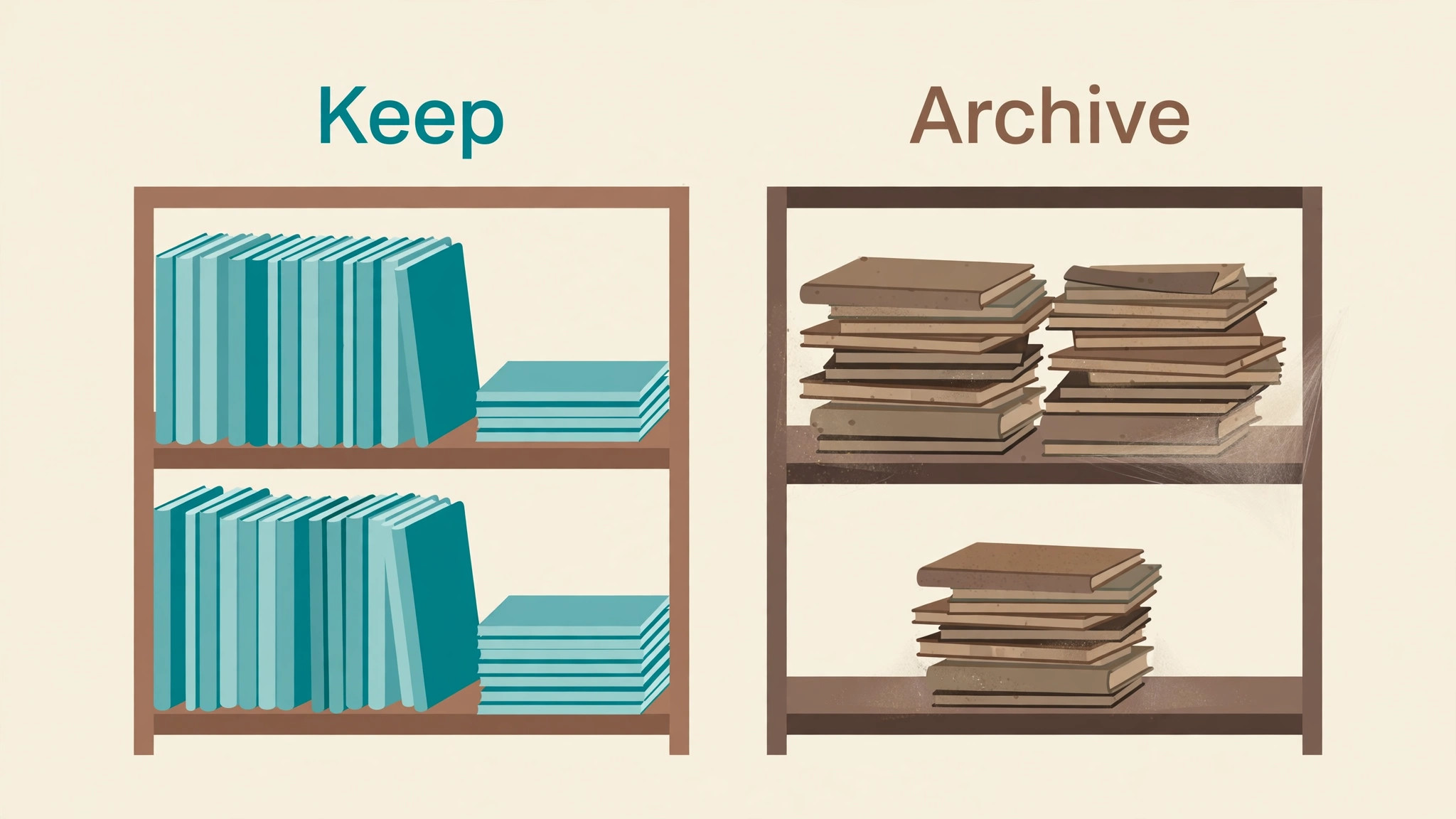 Tidy keep shelf of notebooks beside a dusty archive shelf