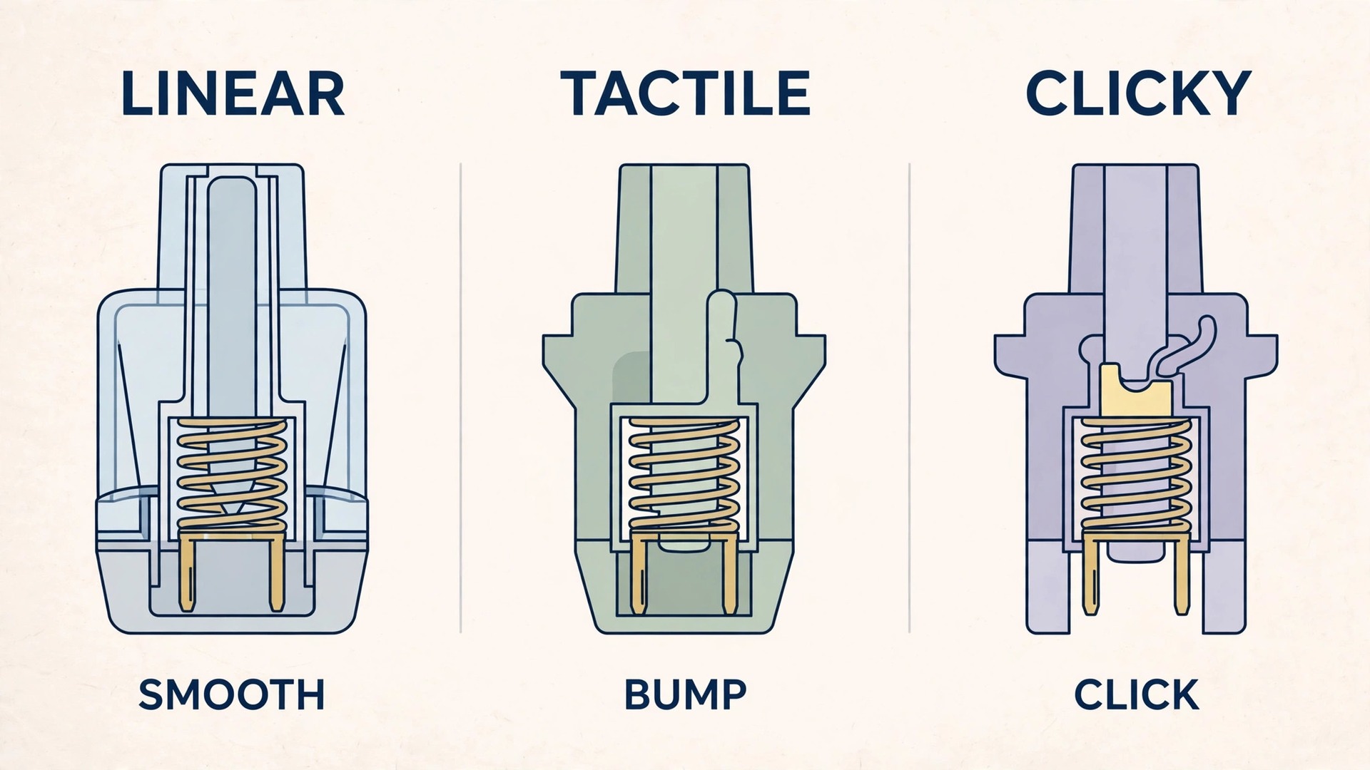 Three mechanical keyboard switch cutaways compared as linear, tactile and clicky