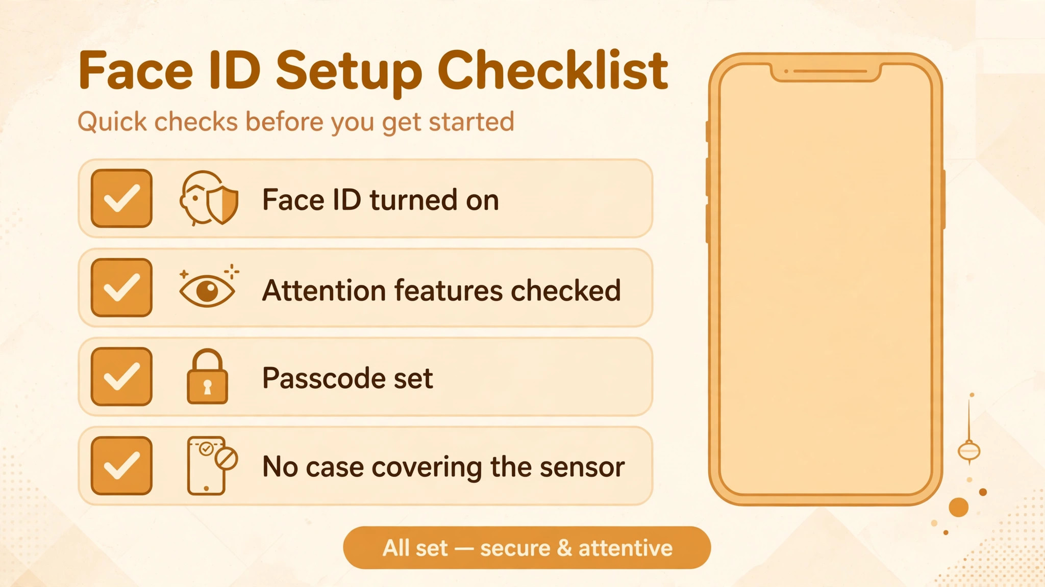 Face ID setup checklist covering Face ID on, attention features, passcode set and no case covering the sensor