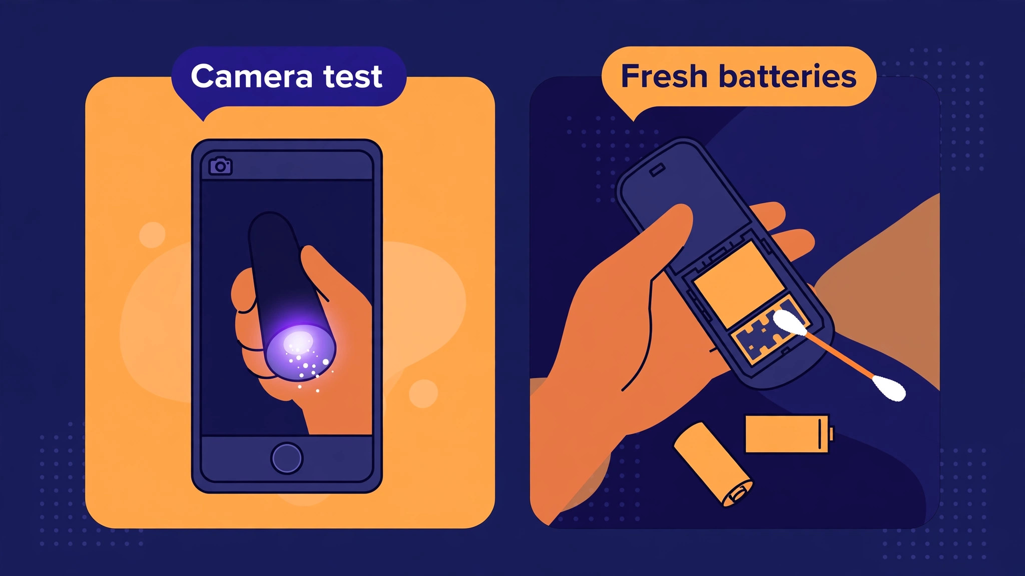 Two panels showing a phone camera revealing a remote's glowing infrared tip and a hand cleaning remote battery contacts with fresh batteries