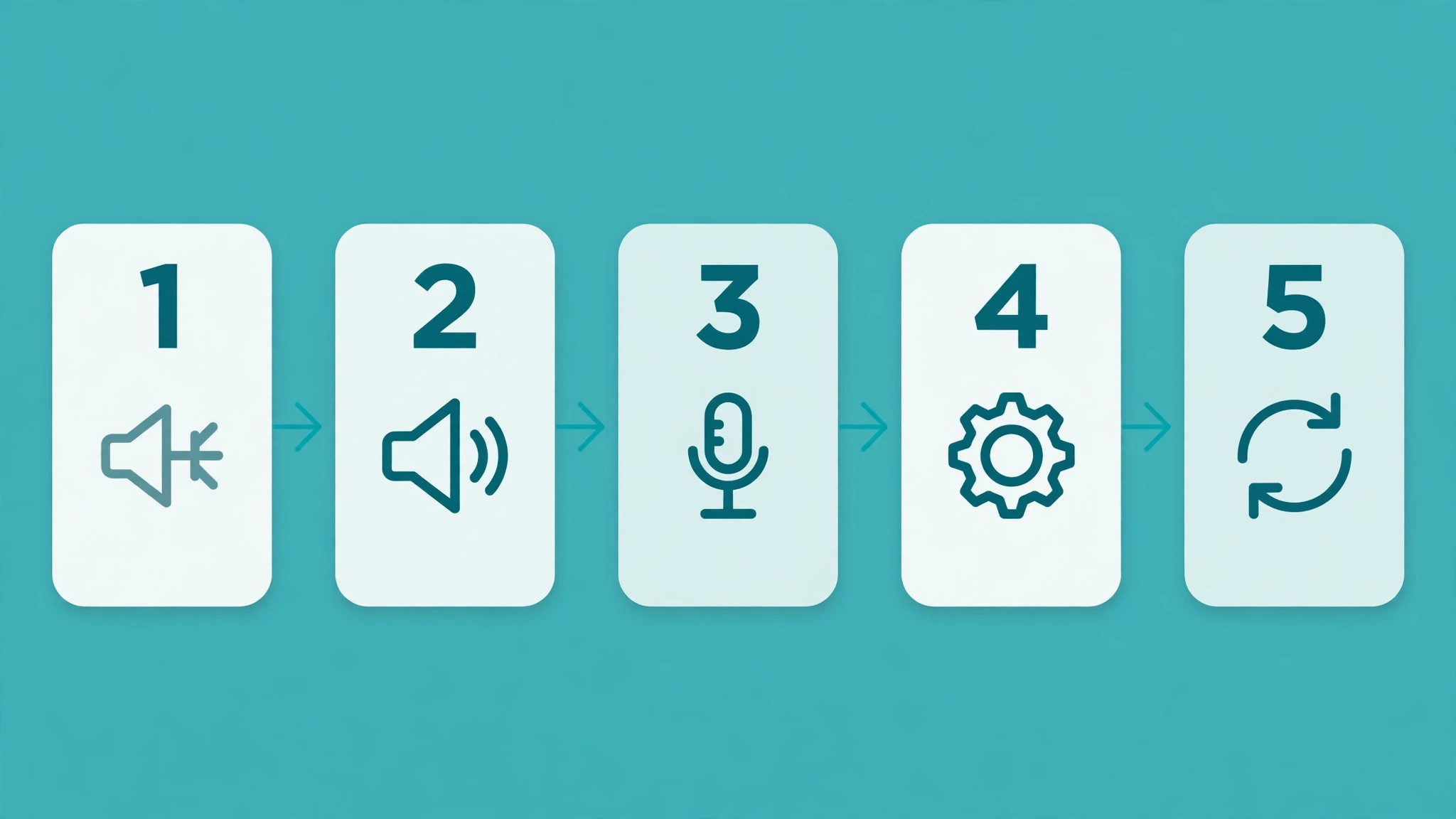 Five-step horizontal workflow for fixing meeting audio, from checking mute and speakers to microphone, settings and restarting