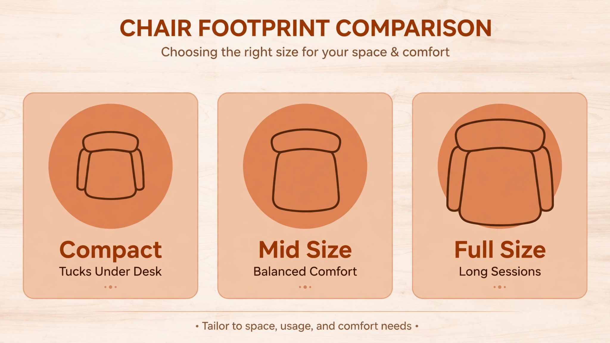 Footprint comparison of compact chairs that tuck under a desk, mid size balanced comfort, and full size long sessions