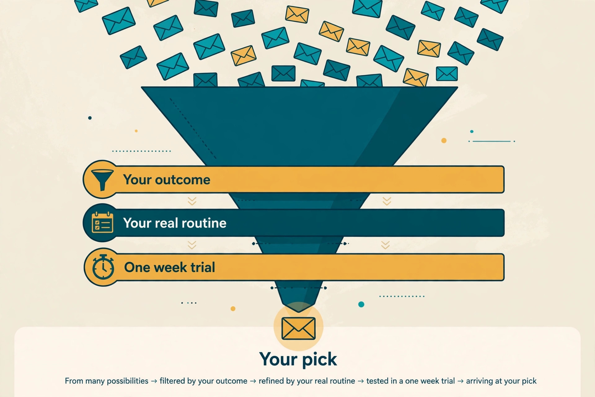Funnel narrowing many tools to one pick