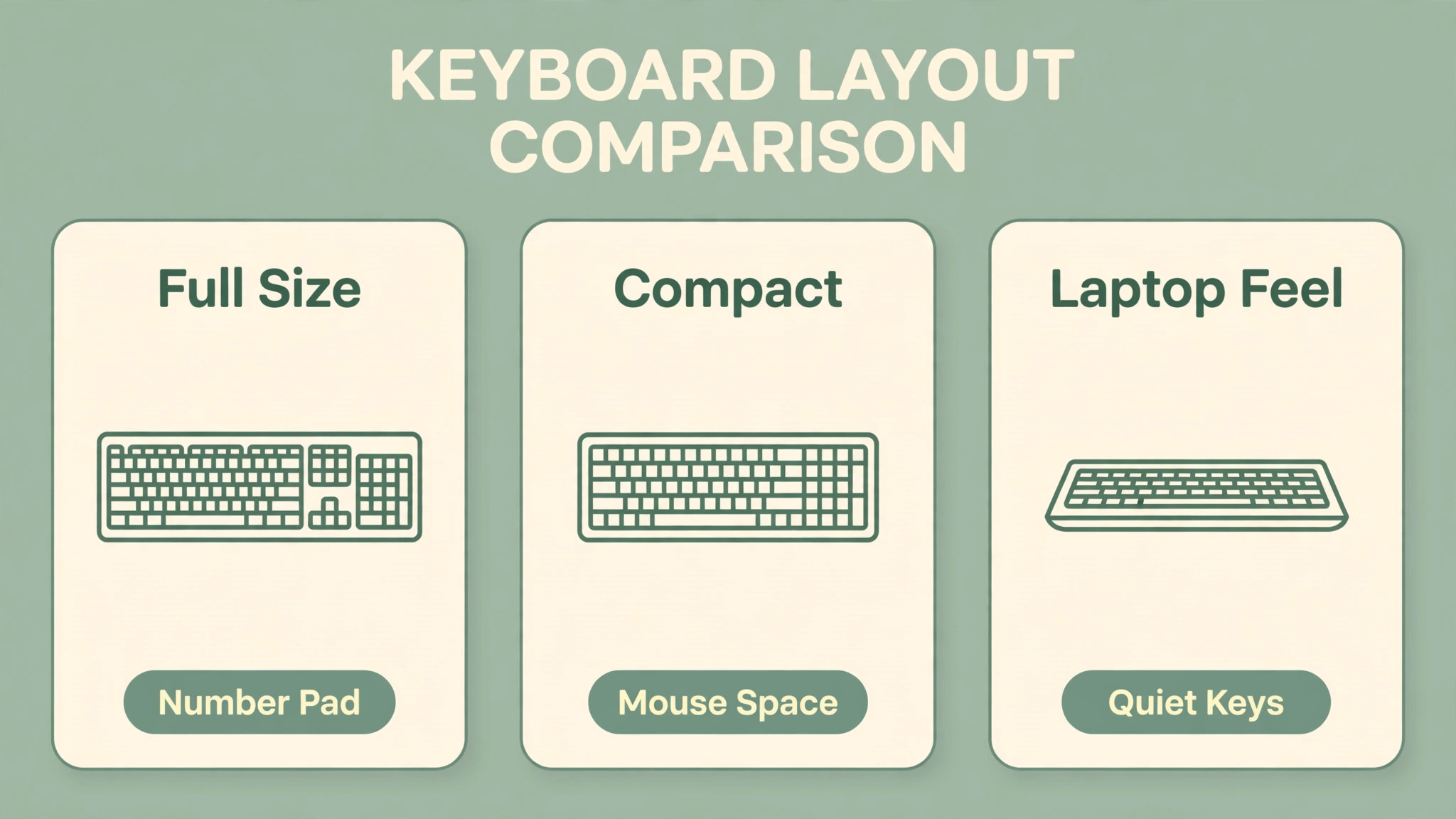 Comparison of full size with number pad, compact with mouse space, and laptop feel with quiet keys
