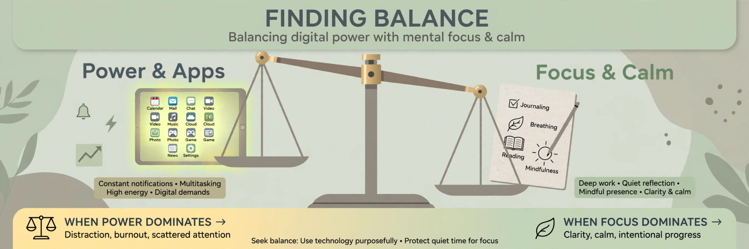 Balance scale of power and apps versus focus and calm