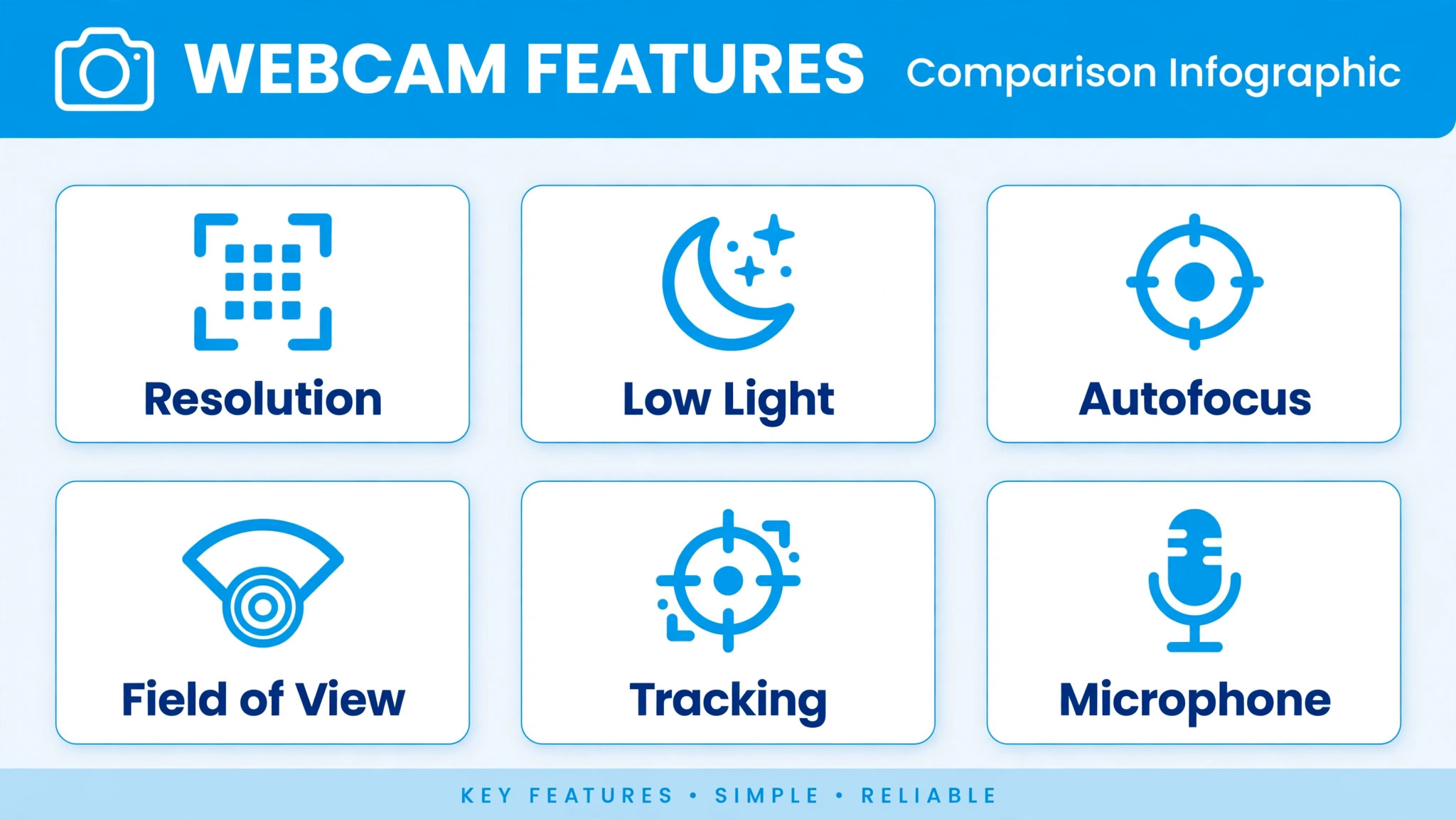 Comparison feature grid of resolution, low light, autofocus, field of view, tracking and microphone
