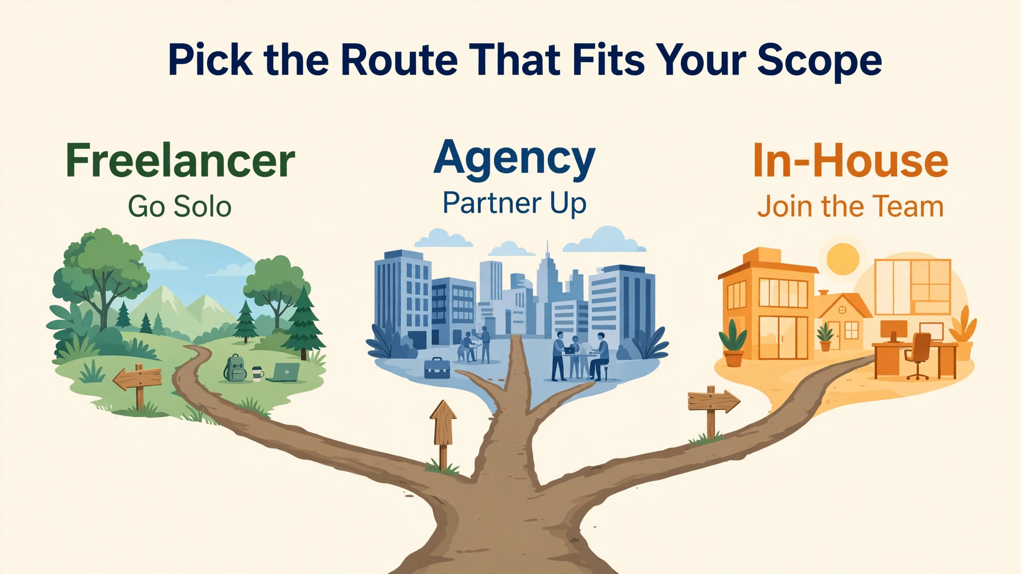 Three-path fork for freelancer, agency and in-house routes