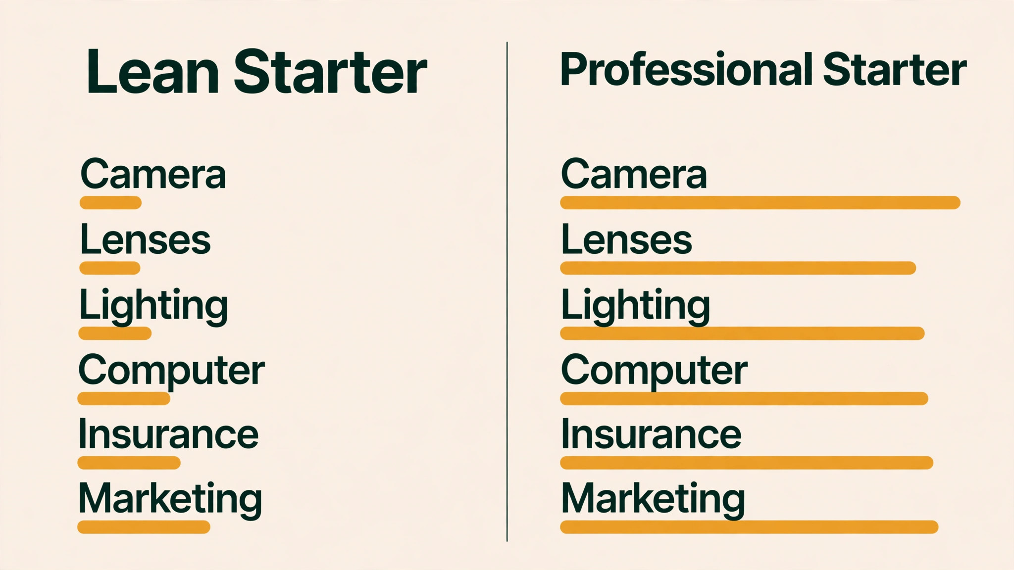 Comparison visual of lean starter versus professional starter with relative bars per category, words only