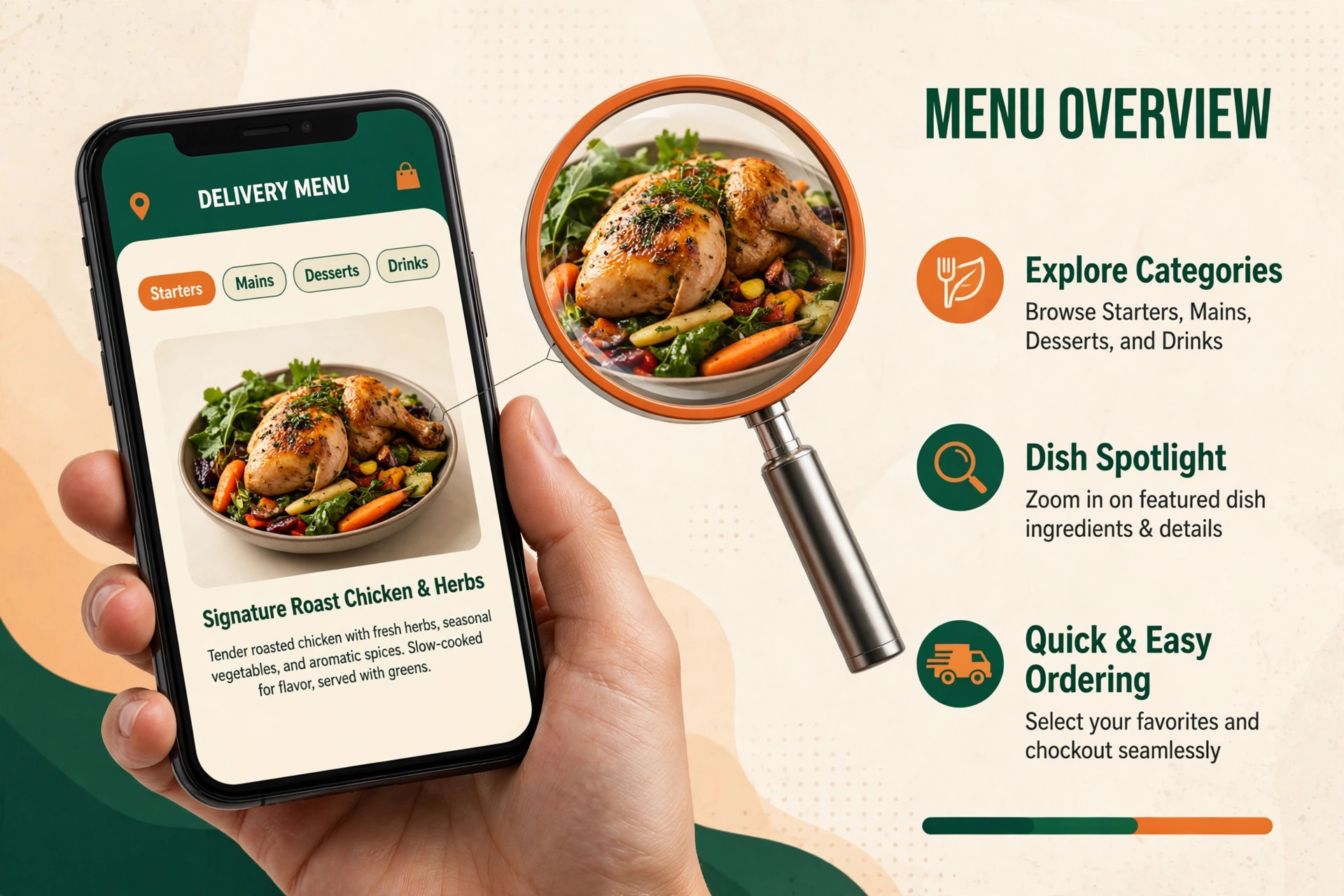 Phone delivery menu with category tabs and a magnified dish photo