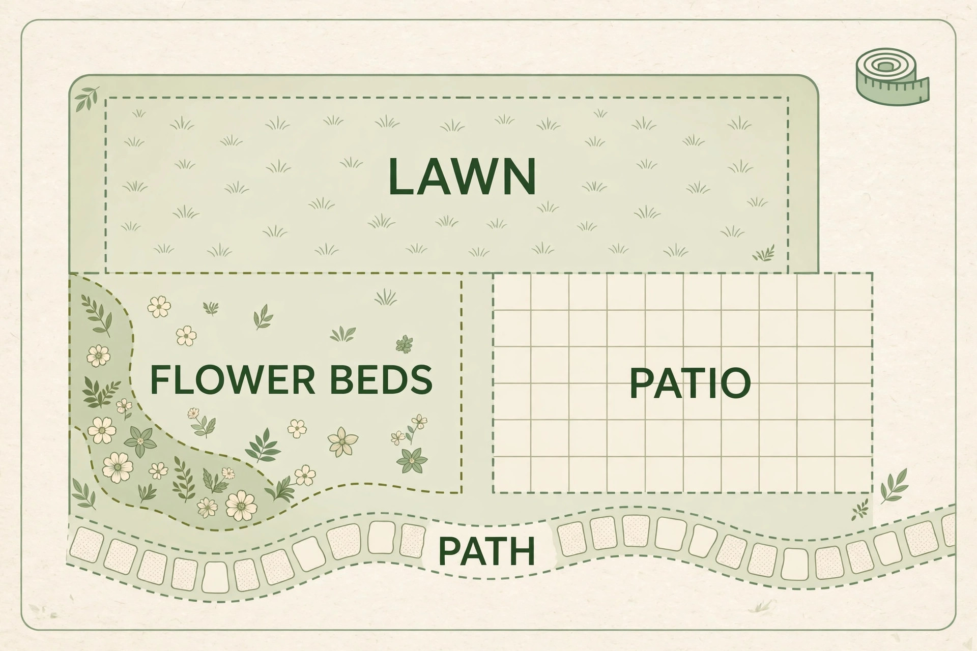 Top-down garden plan with measured zones for lawn, flower beds, patio and path