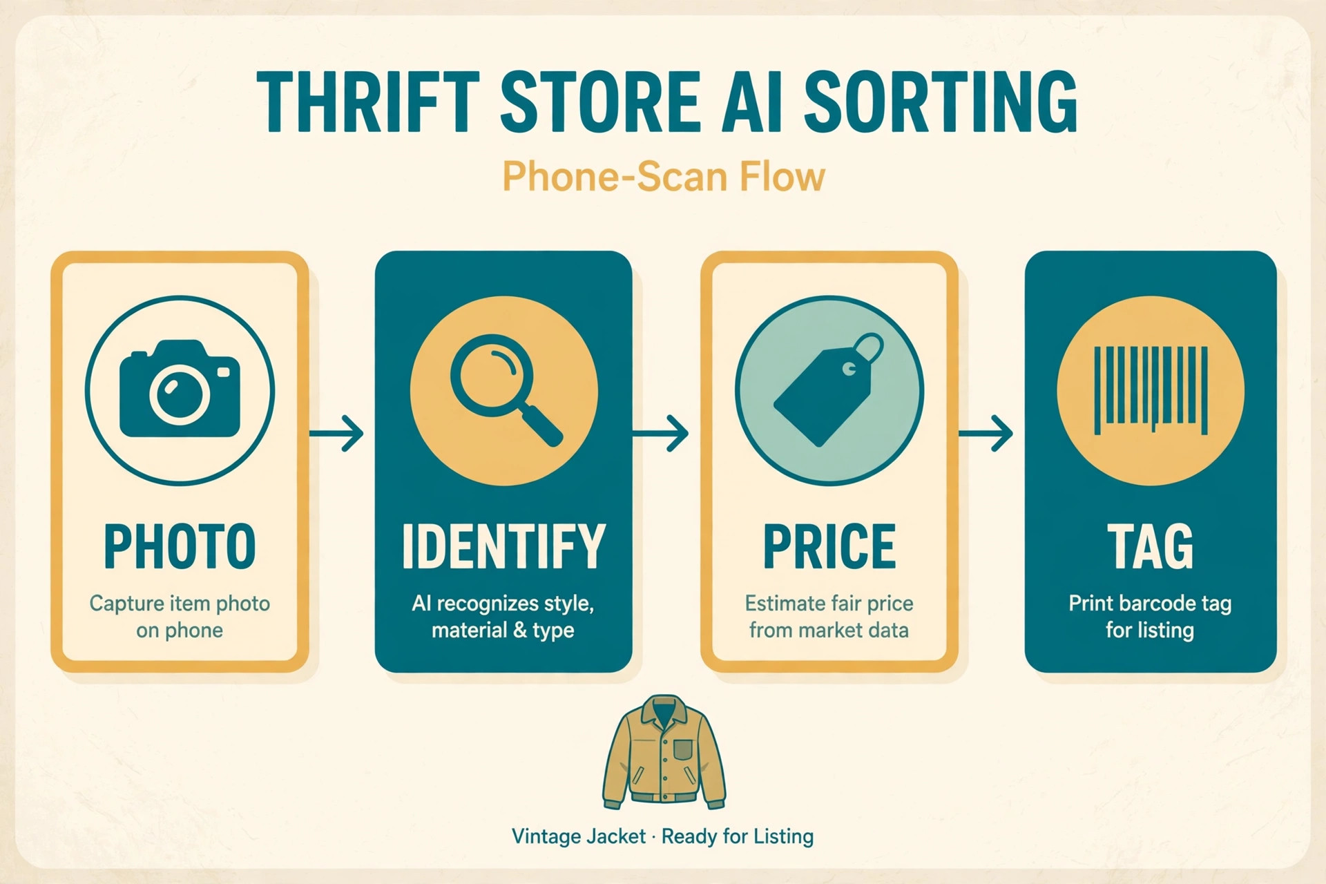 Four-step phone-scan flow for AI thrift sorting from photo to barcode tag