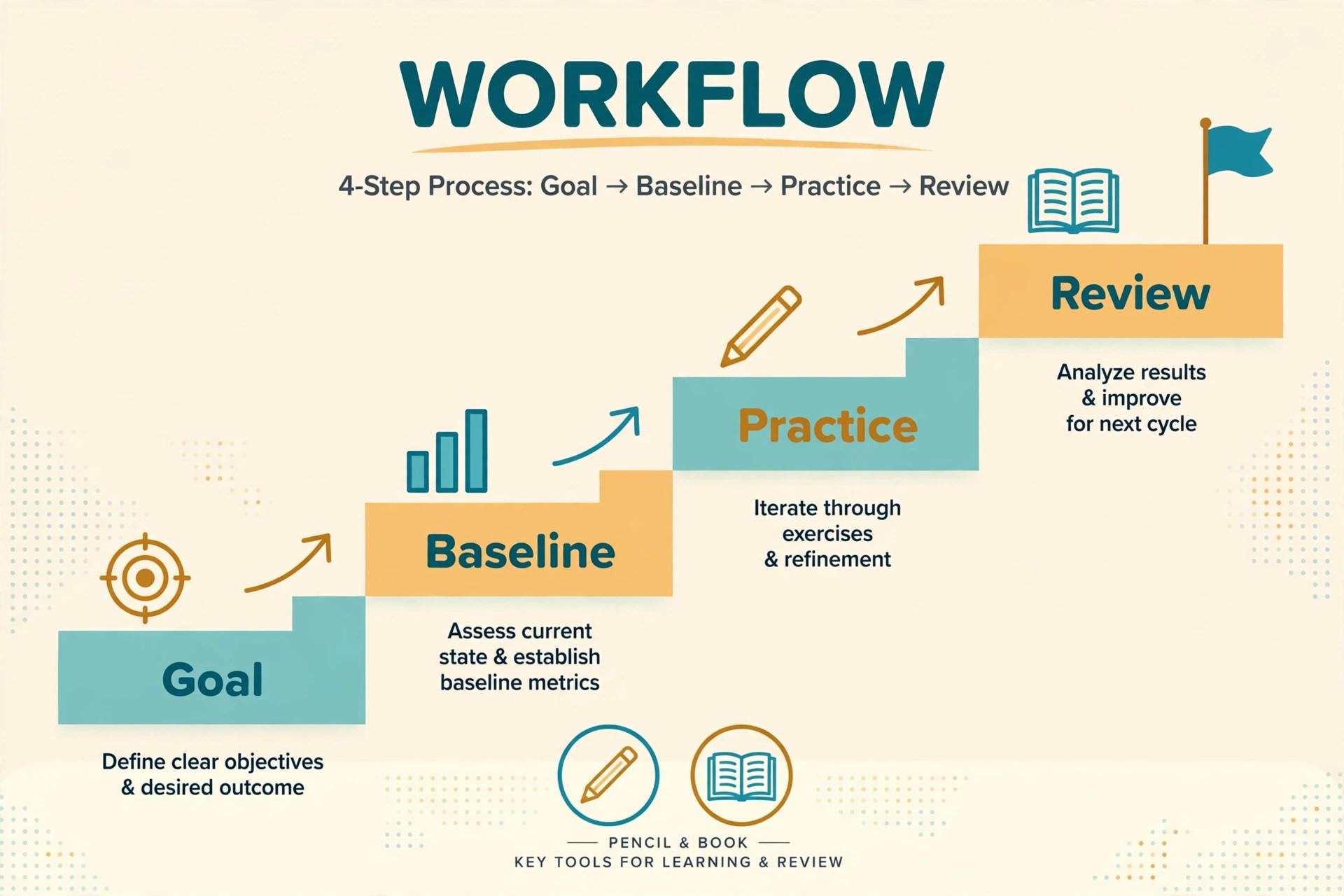 Four-step staircase from goal to baseline, practice and review