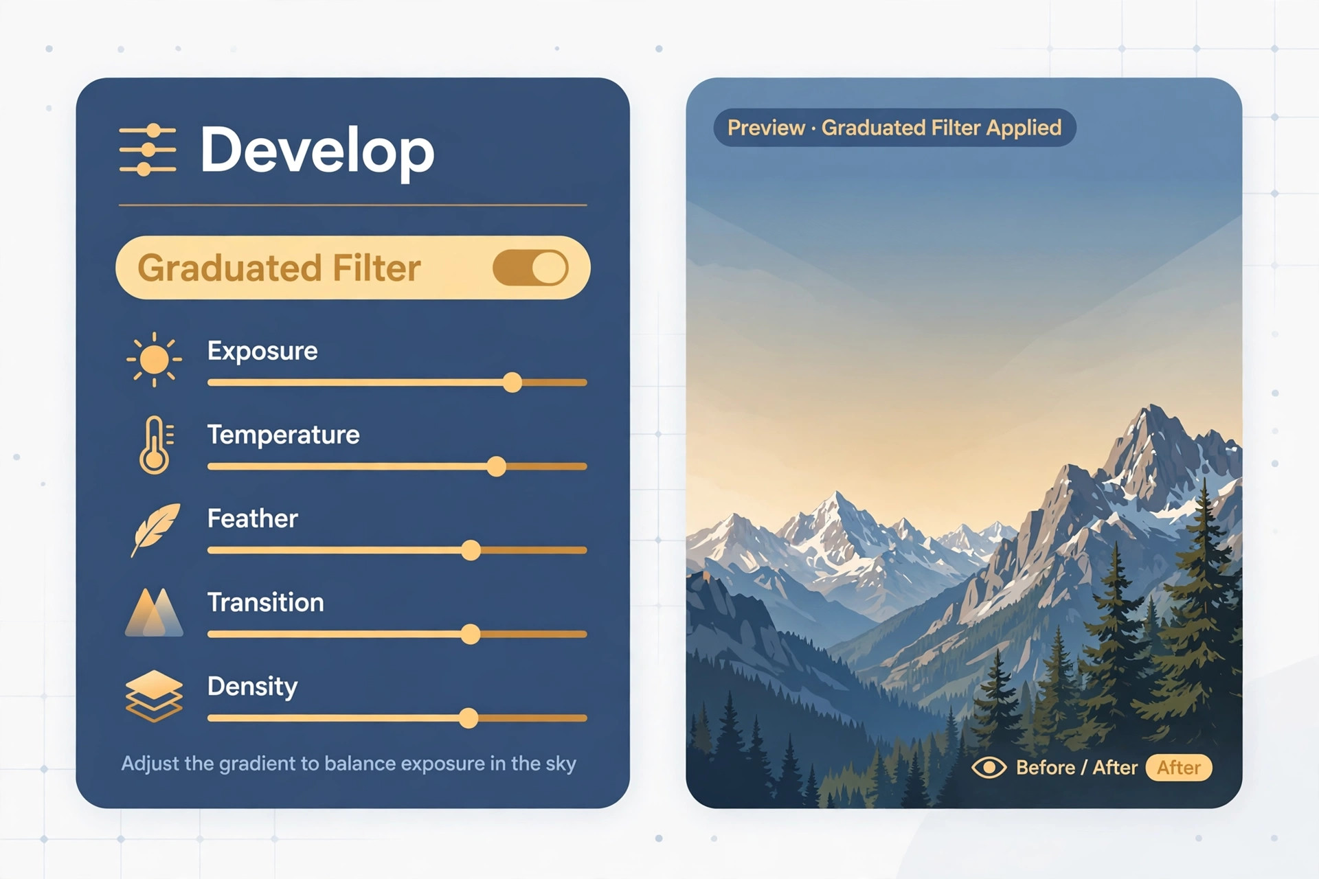 Develop panel with graduated filter on a sky