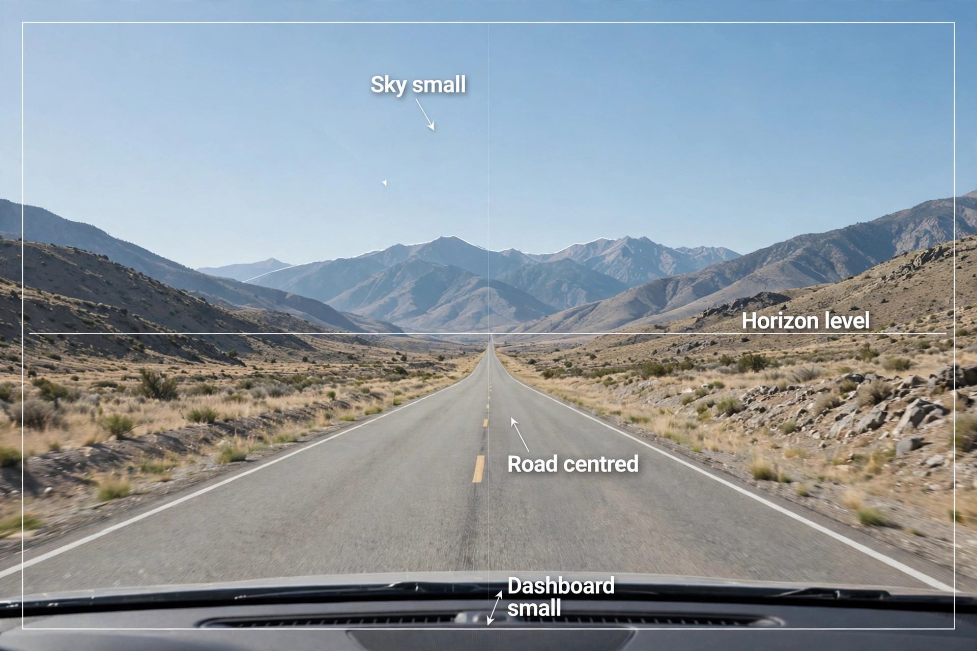 Recorded road frame with guides for a centred road and level horizon